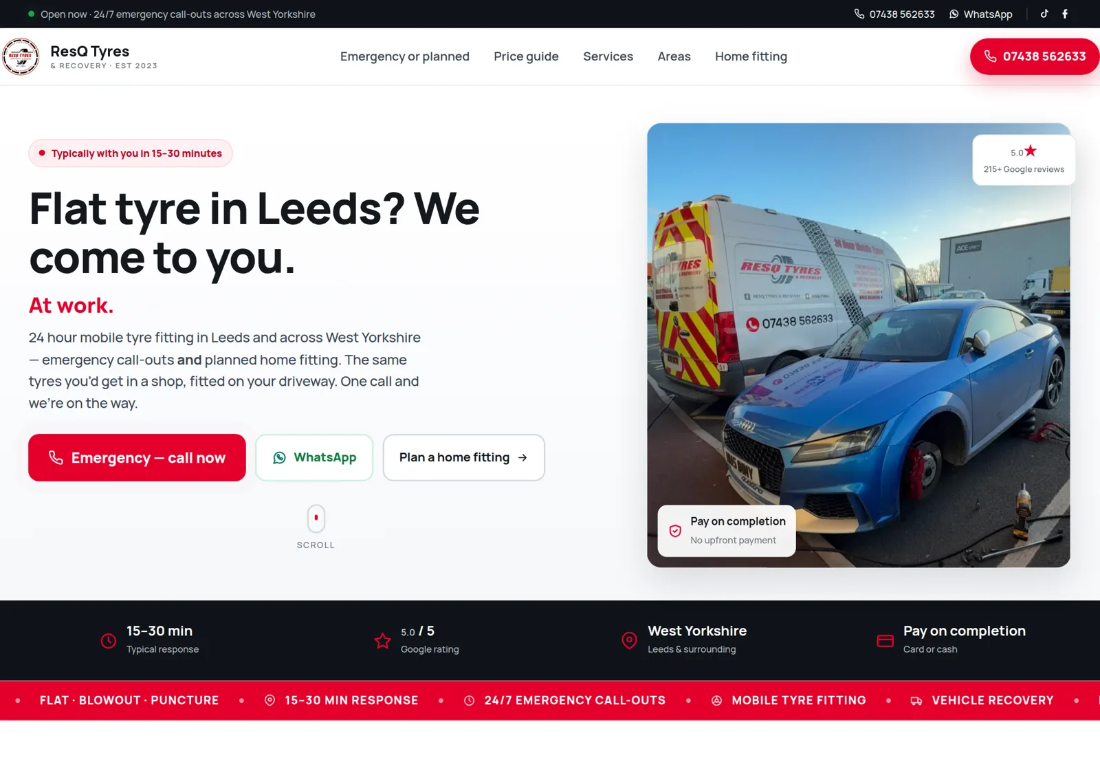 The new ResQ Tyres website — emergency call-out hero with tap-to-call, response time and 5.0 Google rating